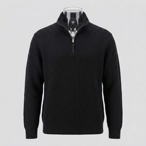 Uniqlo Mens Large Black Sweater 1/4 Zip‎ Ribbed Knit Mock Neck Long Sleeve